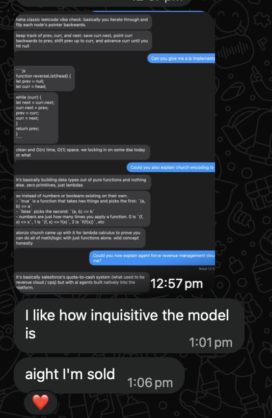 A screenshot of Pip explaining a coding question over iMessage, shared with the messages: I like how inquisitive the model is. aight I'm sold.
