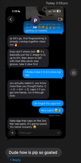 A screenshot of Pip helping someone learn a guitar part over iMessage, shared with the caption: Dude how is pip so goated